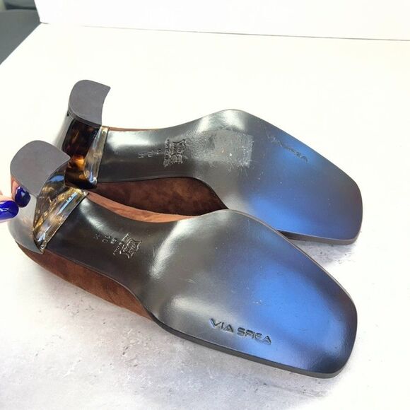 Via Spiga Square Toe Brown Suede Tortoise Lucite Heel Pumps Womens Size 10M - Picture 8 of 12